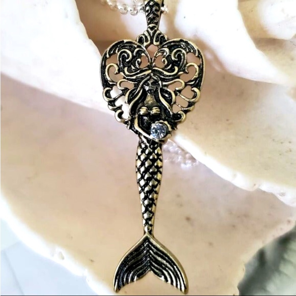 Vintage Mermaid Rhinestone Pendant Solid Silver Chain Beach Jewelry Choker